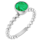 14K White Lab-Grown Emerald Family Beaded Stackable Ring