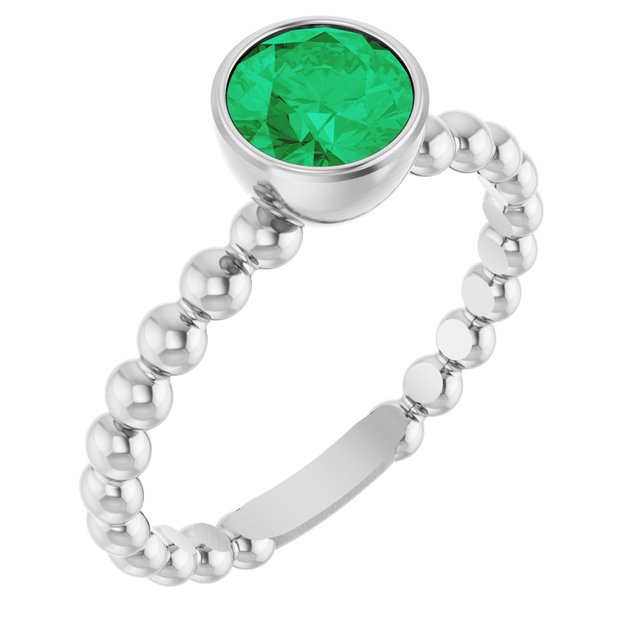 14K White Lab-Grown Emerald Family Beaded Stackable Ring