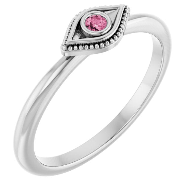 Platinum Natural Pink Tourmaline Stackable Evil Eye Ring