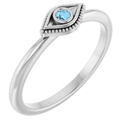 Platinum Natural Aquamarine Stackable Evil Eye Ring