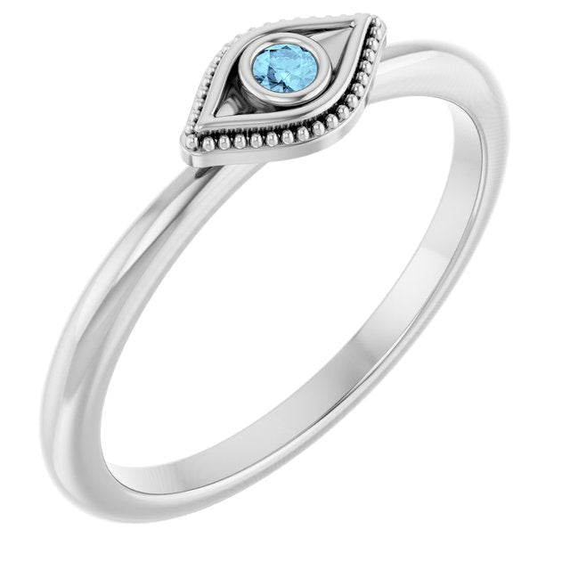 Platinum Natural Aquamarine Stackable Evil Eye Ring