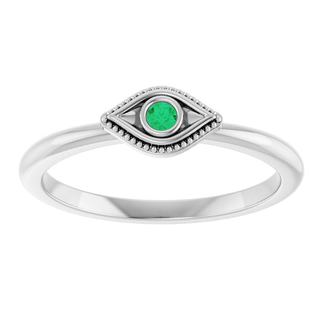 Sterling Silver Natural Emerald Stackable Evil Eye Ring