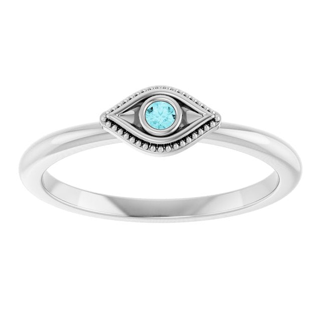 Platinum Natural Blue Zircon Stackable Evil Eye Ring