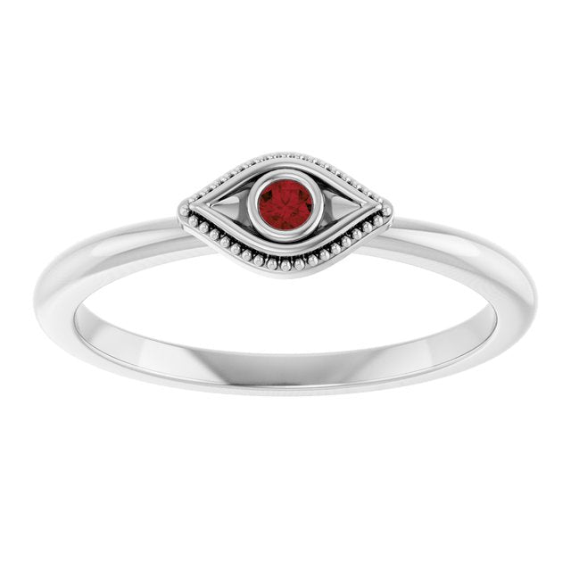 Platinum Natural Mozambique Garnet Stackable Evil Eye Ring