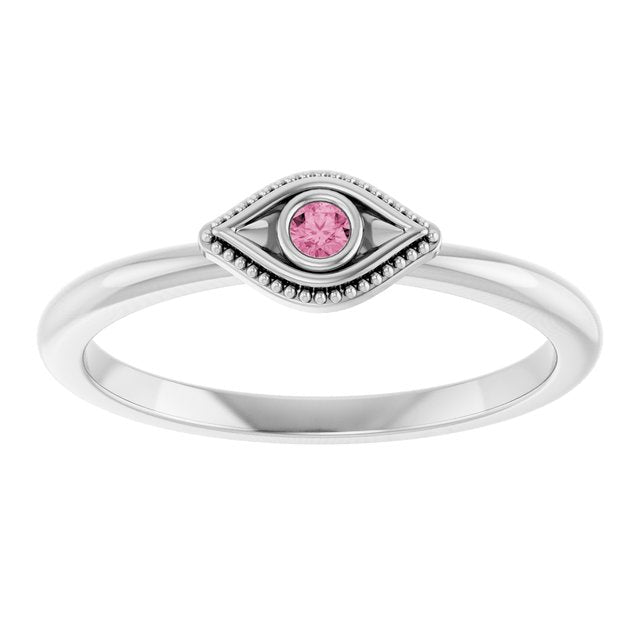Sterling Silver Natural Pink Tourmaline Stackable Evil Eye Ring