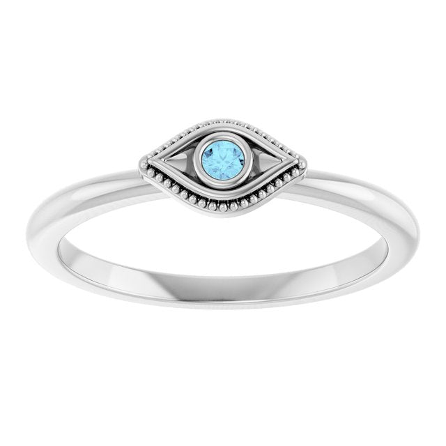 Platinum Natural Aquamarine Stackable Evil Eye Ring