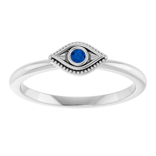 Sterling Silver Lab-Grown Blue Sapphire Stackable Evil Eye Ring