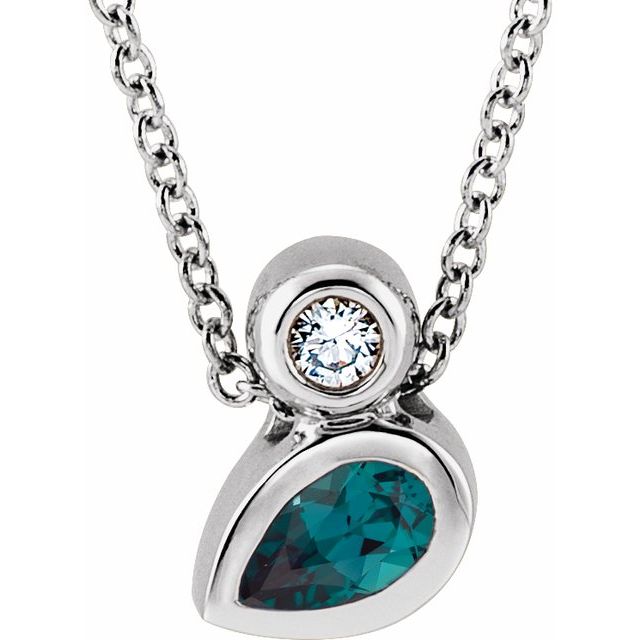 Platinum 5x3 mm Pear Lab-Grown Alexandrite & .03 CT  Natural Diamond 16-18" Necklace