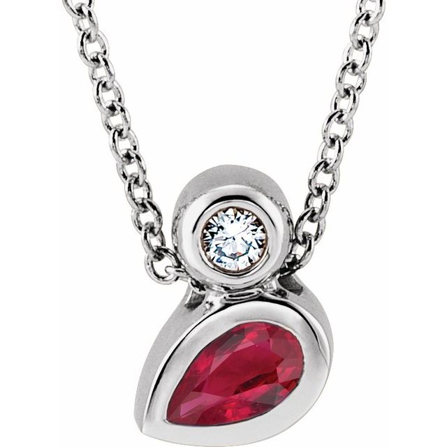 14K White 5x3 mm Pear Natural Ruby & .03 CT Natural Diamond 16-18" Necklace