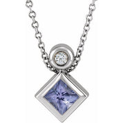 Platinum 4x4 mm Square Natural Tanzanite & .03 CT Natural Diamond 16-18" Necklace