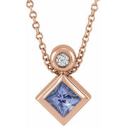 14K Rose 4x4 mm Square Natural Tanzanite & .03 CT Natural Diamond 16-18" Necklace