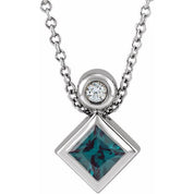 Platinum 4x4 mm Square Lab-Grown Alexandrite & .03 CT Natural Diamond 16-18" Necklace
