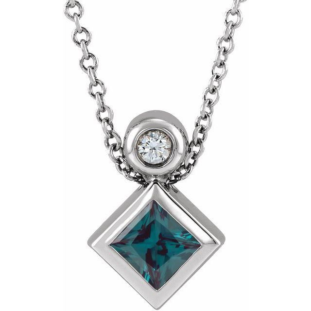 Platinum 4x4 mm Square Lab-Grown Alexandrite & .03 CT Natural Diamond 16-18" Necklace