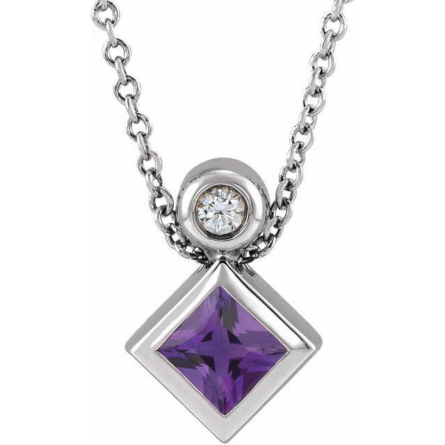 Platinum 4x4 mm Square Natural Amethyst & .03 CT Natural Diamond 16-18" Necklace