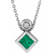Platinum 4x4 mm Square Natural Emerald & .03 CT Natural Diamond 16-18" Necklace