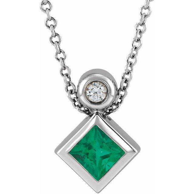 Platinum 4x4 mm Square Natural Emerald & .03 CT Natural Diamond 16-18" Necklace