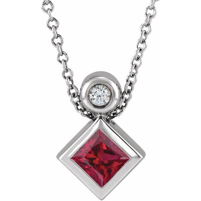 14K White 4x4 mm Square Lab-Grown Ruby & .03 CT Natural Diamond 16-18" Necklace