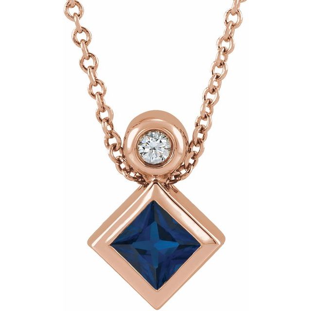 14K Rose 4x4 mm Square Natural Blue Sapphire & .03 CT Natural Diamond 16-18" Necklace