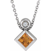 14K White 4x4 mm Square Natural Citrine & .03 CT Natural Diamond 16-18" Necklace