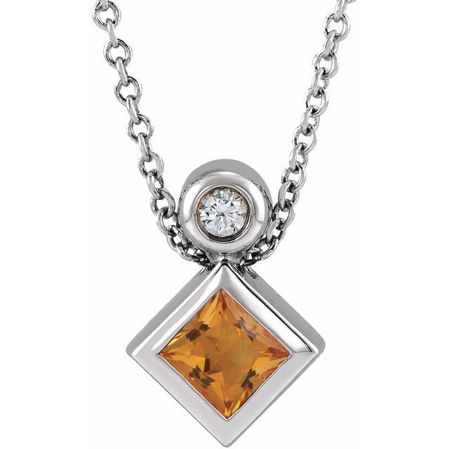 14K White 4x4 mm Square Natural Citrine & .03 CT Natural Diamond 16-18" Necklace