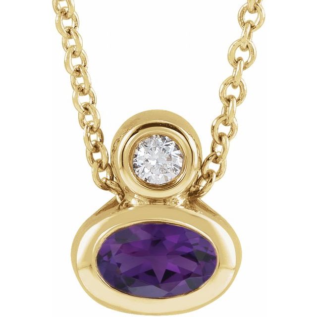 14K 5x3 mm Oval Natural Amethyst & .03 CT Natural Diamond 16-18" Necklace