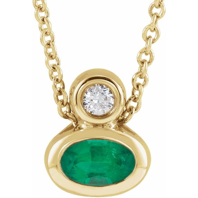 14K 5x3 mm Oval Natural Emerald & .03 CT Natural Diamond 16-18" Necklace