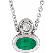 14K 5x3 mm Oval Natural Emerald & .03 CT Natural Diamond 16-18" Necklace