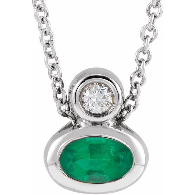 14K 5x3 mm Oval Natural Emerald & .03 CT Natural Diamond 16-18" Necklace