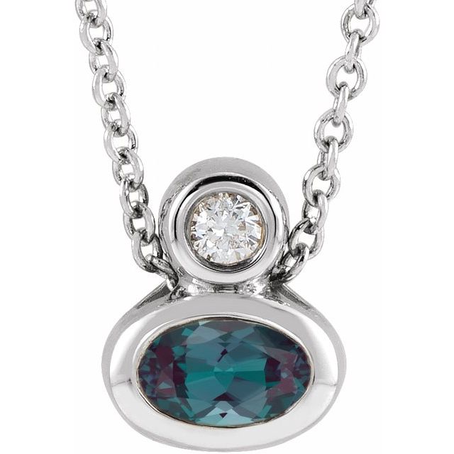 Platinum 5x3 mm Oval Lab-Grown Alexandrite & .03 CT  Natural Diamond 16-18" Necklace