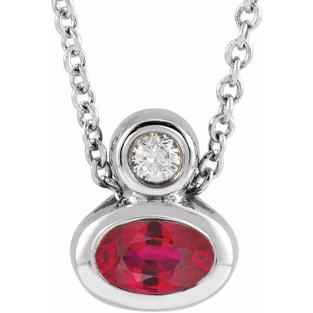 14K White 5x3 mm Oval Natural Ruby & .03 CT Natural Diamond 16-18" Necklace