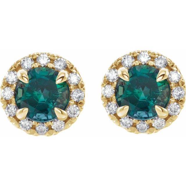 14K Yellow 5 mm Lab-Grown Emerald & 1/3 CTW Natural Diamond Halo-Style Earrings