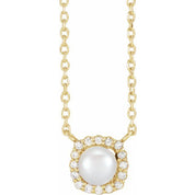 14K Cultured White Akoya Pearl .06 CTW Natural Diamond Halo-Style 16" Necklace