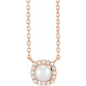 14K Cultured White Akoya Pearl .06 CTW Natural Diamond Halo-Style 16" Necklace
