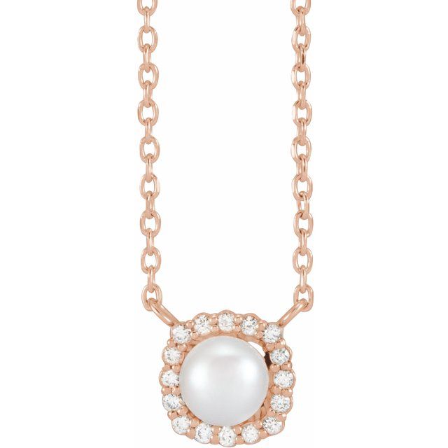 14K Cultured White Akoya Pearl .06 CTW Natural Diamond Halo-Style 16" Necklace