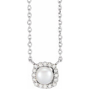 14K Cultured White Akoya Pearl .06 CTW Natural Diamond Halo-Style 16" Necklace