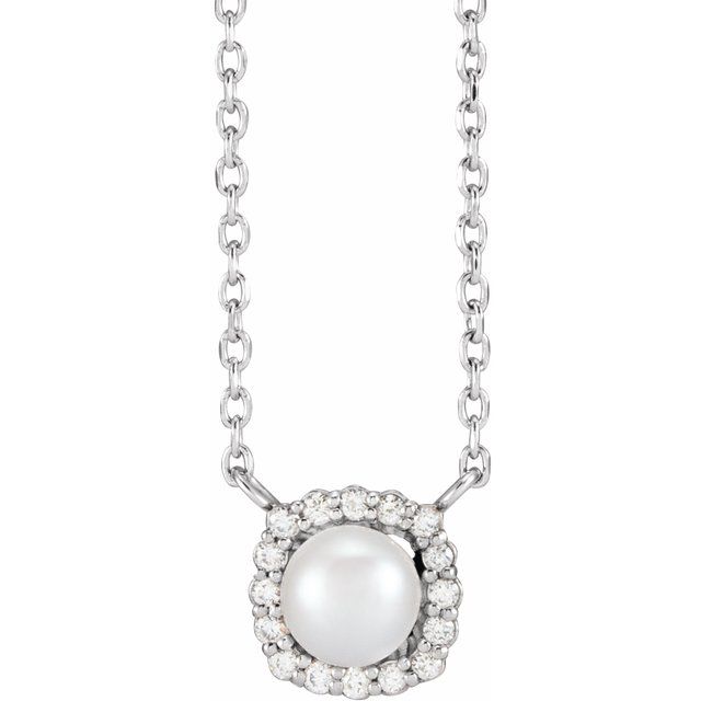 14K Cultured White Akoya Pearl .06 CTW Natural Diamond Halo-Style 16" Necklace