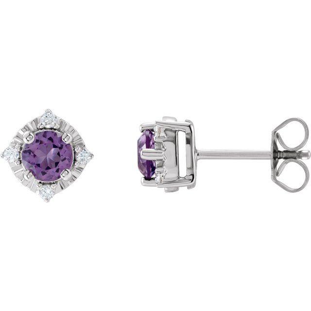 Sterling Silver Natural Amethyst & Diamond Halo Earrings - 653713:107:P