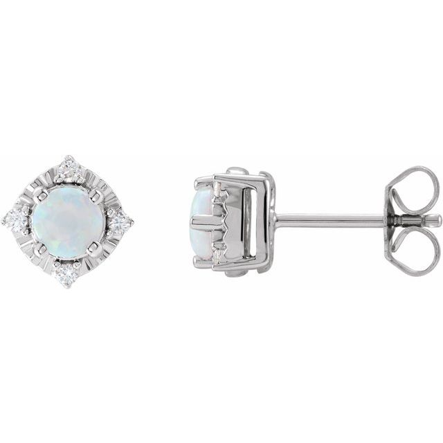 Sterling Silver Lab-Grown White Opal & .08 CTW Natural Diamond Halo-Style Earrings