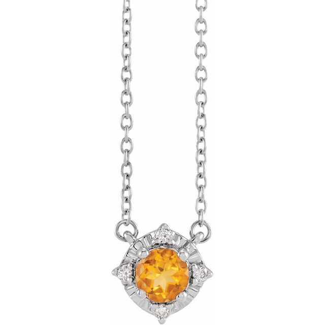 Sterling Silver Natural Citrine & .04 CTW Natural Diamond Halo-Style 18" Necklace