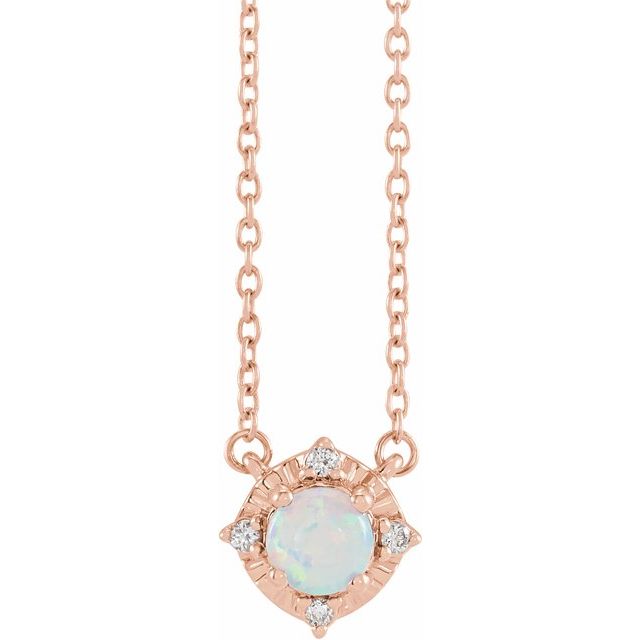 14K Rose Lab-Grown White Opal & .04 CTW Natural Diamond Halo-Style 18" Necklace