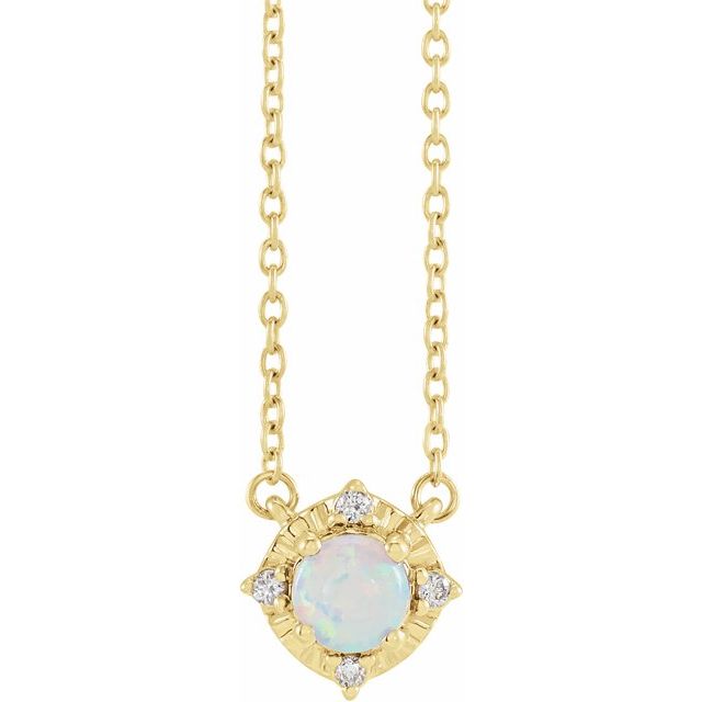 14K Yellow Lab-Grown White Opal & .04 CTW Natural Diamond Halo-Style 18" Necklace