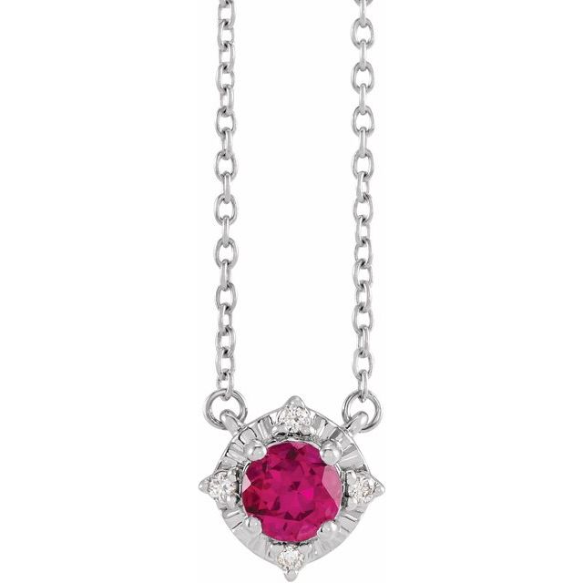 Sterling Silver Lab-Grown Ruby & .04 CTW Natural Diamond Halo-Style 18" Necklace
