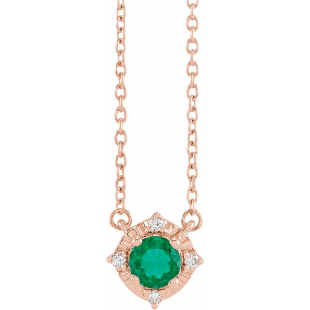 14K Rose Lab-Grown Emerald & .04 CTW Natural Diamond Halo-Style 18" Necklace