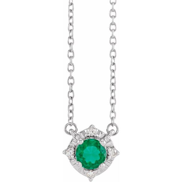 Sterling Silver Lab-Grown Emerald & .04 CTW Natural Diamond Halo-Style 18" Necklace