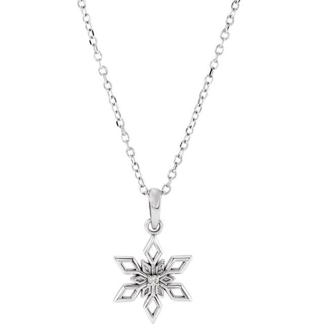 Sterling Silver .01 CT Natural Diamond Snowflake Necklace 16-18"