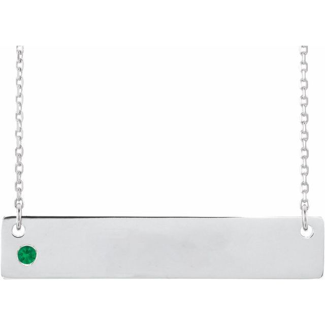 14K White Lab-Grown Emerald Engravable Bar 16-18" Necklace