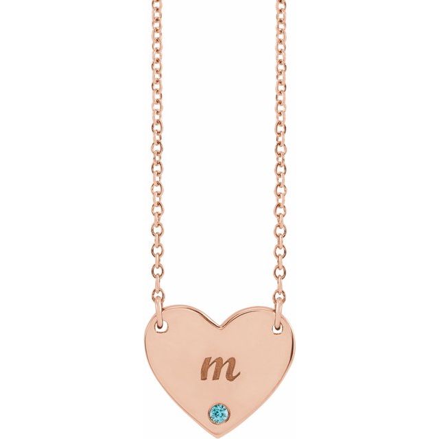 14K Natural Blue Zircon Engravable Heart Necklace with 18" Chain