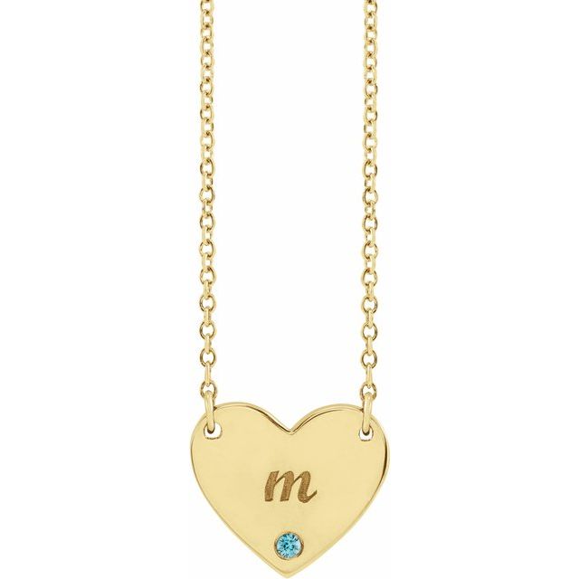 14K Natural Blue Zircon Engravable Heart Necklace with 18" Chain