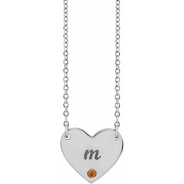 Sterling Silver Natural Citrine Engravable Heart 18" Necklace