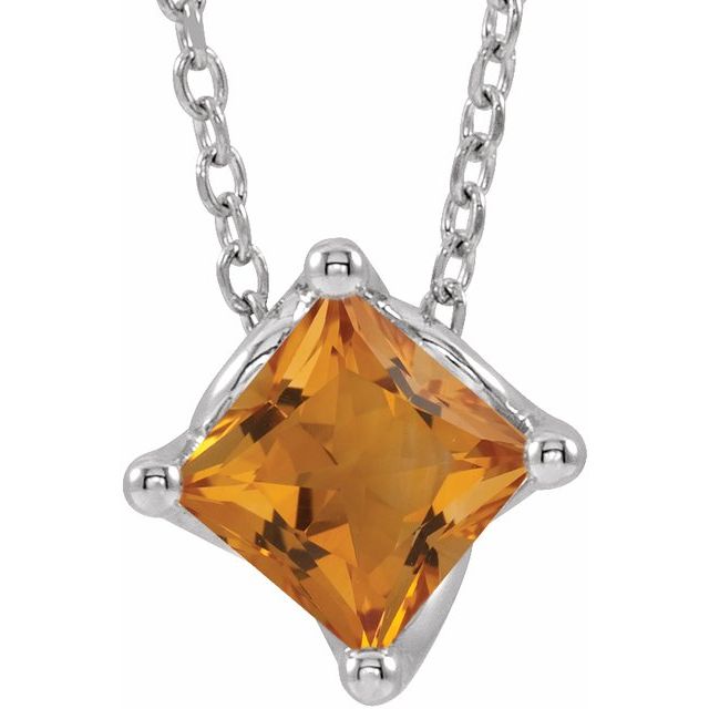 Sterling Silver 4.5x4.5 mm Square Natural Citrine Solitaire 16-18" Necklace